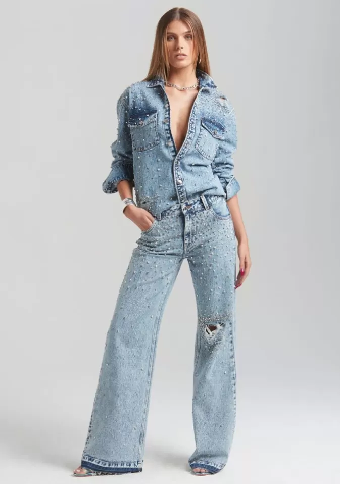 Women Retrofête Denim | Bronte Wide Leg Crystal Embellished Jean