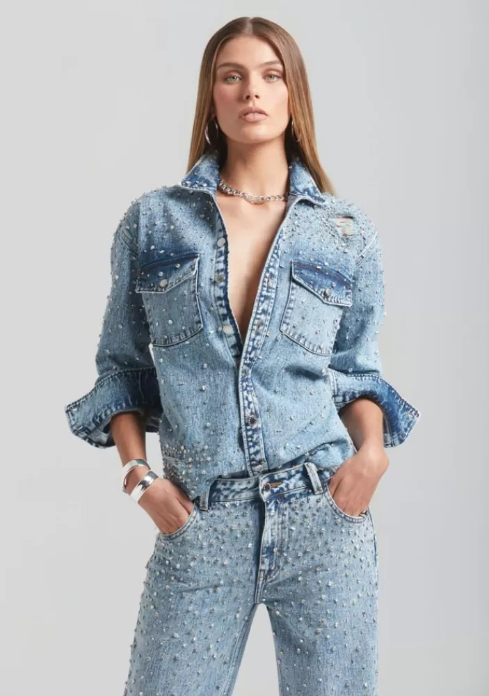 Flash Sale Doreen Crystal Embellished Denim Shirt Women Matching Sets