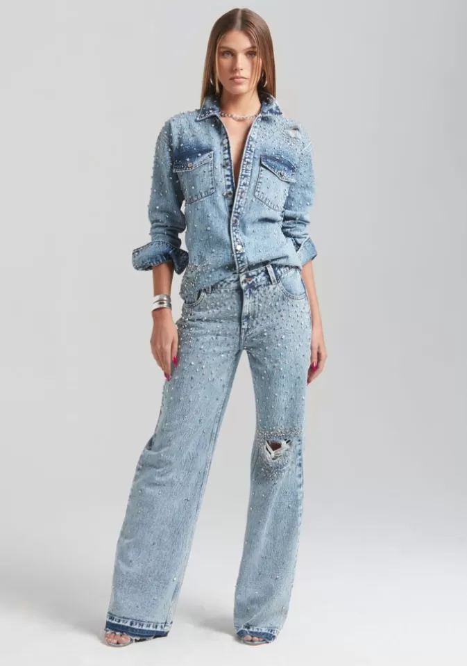 Women Retrofête Tops | Doreen Crystal Embellished Denim Shirt